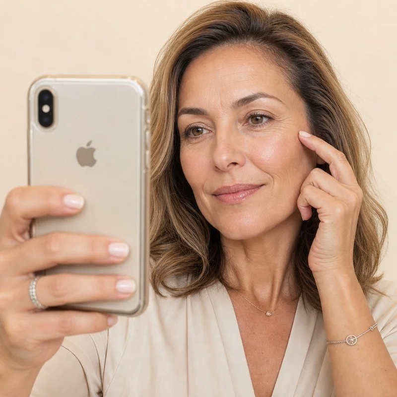 woman taking iphone selfie pointing at forehead Hand holding iPhone selfie of a woman gesturing at her forehead