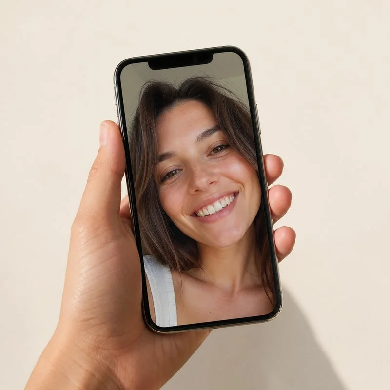 selfie on iphone — decorative Hand holding iPhone displaying a casual selfie of a person smiling